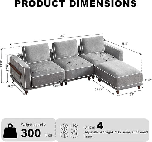 112" 3 Seater Cloud Couch with Ottoman,Modular Sectional L Shaped Sofa with Armrests Wooden Legs,Oversized Deep Seat Comfy Thicked Cushion Upholstered Sofa for Living Room Bedroom,Light Grey