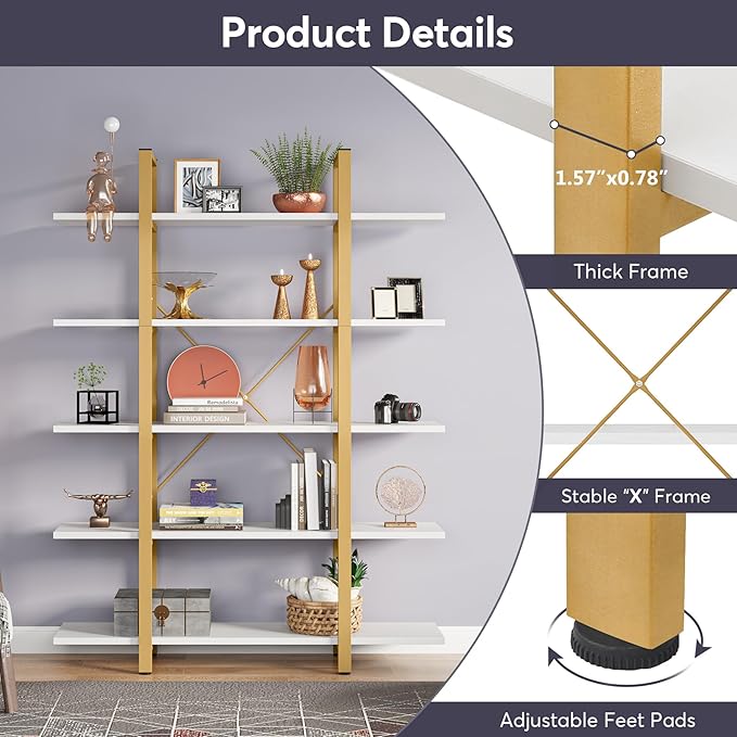 Tribesigns 5-Tier Bookshelf, Vintage Industrial Style Bookcase 70 ‘’ H x 12’’ W x 47’’L, Gold