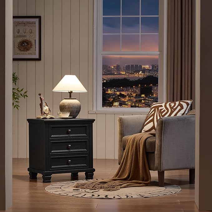 Farmhouse Nightstand with 3 Drawers, Rustic Couch End Table with 4 Square Solid Wood Legs, Mid-Century Modern Bed Side Table with Storage, Small Dresser for Bedroom, Living Room, Black