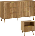 LYNSOM Fluted Dresser and Nightstand Sets 2 Piece, 1-Drawer Nightstands and 6-Drawers Dresser, Wood Bedroom Furniture Set for Home, Bedroom, Hallway, Natural Oak