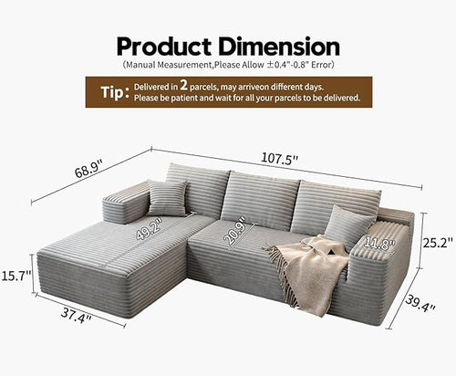107.5" Cloud Modular Sectional Sofa Couch with L-Shape Chaise,Modern Minimalist Upholstered Couches for Living Room Bedroom,Deep Seat Corner Couch，No Assembly Required (Grey,Left Facing Chaise)