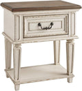 Signature Design by Ashley Realyn Traditional Cottage 1 Drawer Nightstand with Dovetail Construction & Open Display Shelf, Chipped White, 27" Tall, Distressed Brown