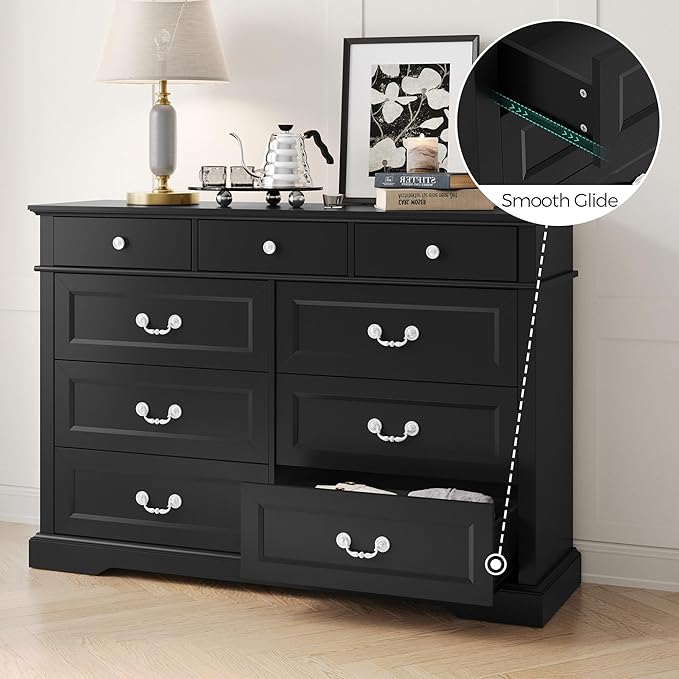 LINSY HOME Farmhouse Dresser for Bedroom, 9 Drawer Bedroom Dresser with Antique Handles, Wood Chest of Drawers for Nursery, Living Room, Entryway and Hallway, Black