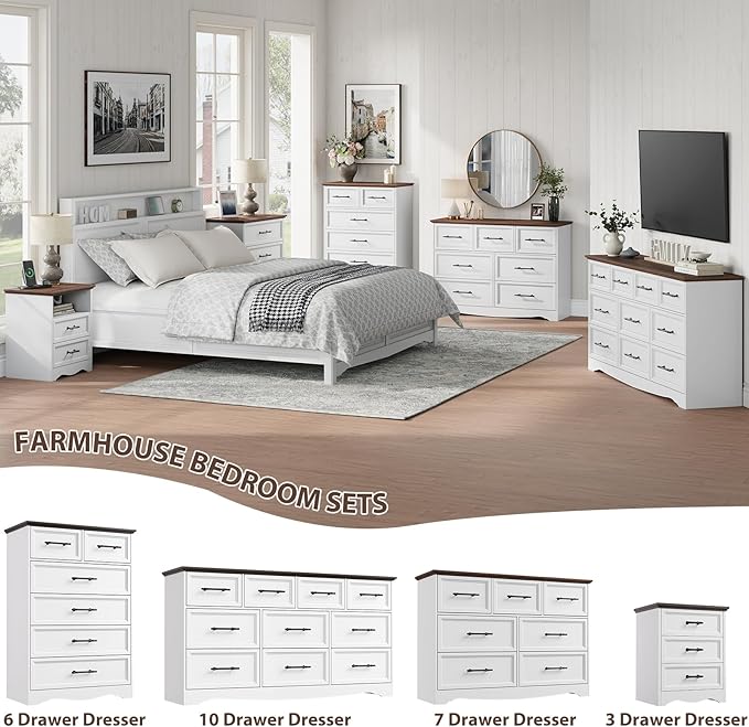 White Farmhouse Dresser for Bedroom, Modern 7 Chest of Drawers, 47" Wide Chest of Drawers w/Brushed Metal Handle, Wood Dresser TV Stand and Storage Cabinet for Bedroom, Living Room, Hallway