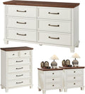 Farmhouse Bedroom Dresser and Nightstand Set of 4, 6 Drawer Tall & Low Dresser & 3 Drawer Nightstand Set with Wooden Legs, Rustic Wood Bedroom Furniture Sets for Livingroom, Hallway, White