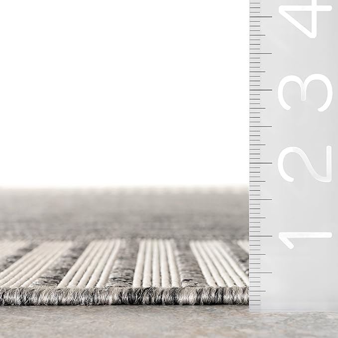 nuLOOM 4' x 6' Outdoor Area Rug, Casual Design with Striped Border, Stain Resistant, Highly Durable, for Patio, Balcony, Bedroom, Living Room, Dining Room, Bathroom, Steel