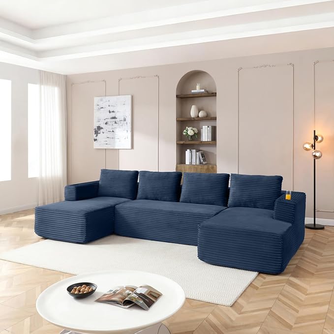 132 Inch Modular Sectional Sleeper Sofa, Boneless Cloud Couch for Living Room, U Shaped 5 Seat Sofa with 2 Cup Holders, Free Combination, No Assembly Required (Blue)