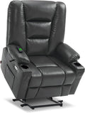 MCombo Oversized Power Lift Recliner Chair with Massage and Heat for Big and Tall Elderly People, Cup Holders, USB Ports, Side Pockets, Faux Leather R7541 (Dark Grey, Large-Oversize)