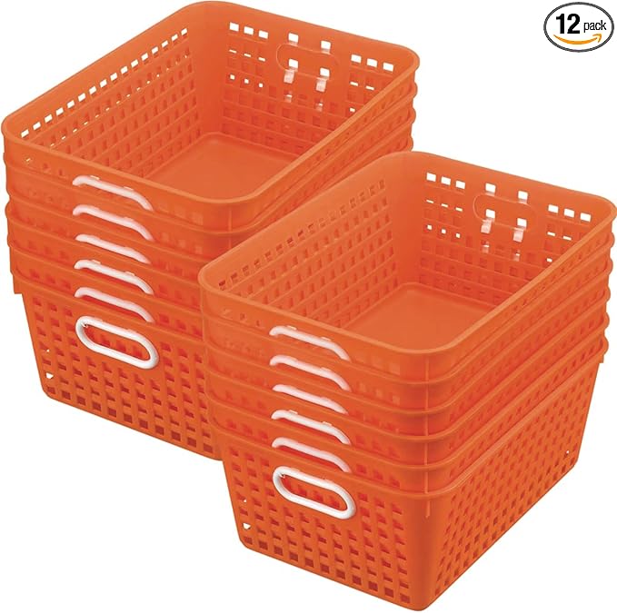 Really Good Stuff Large Plastic Book Baskets, 13.25" by 10" by 5.5" - 12 Pack, Orange, Classroom Library Organizer, Toy Storage, Multi-Purpose Organizer Basket