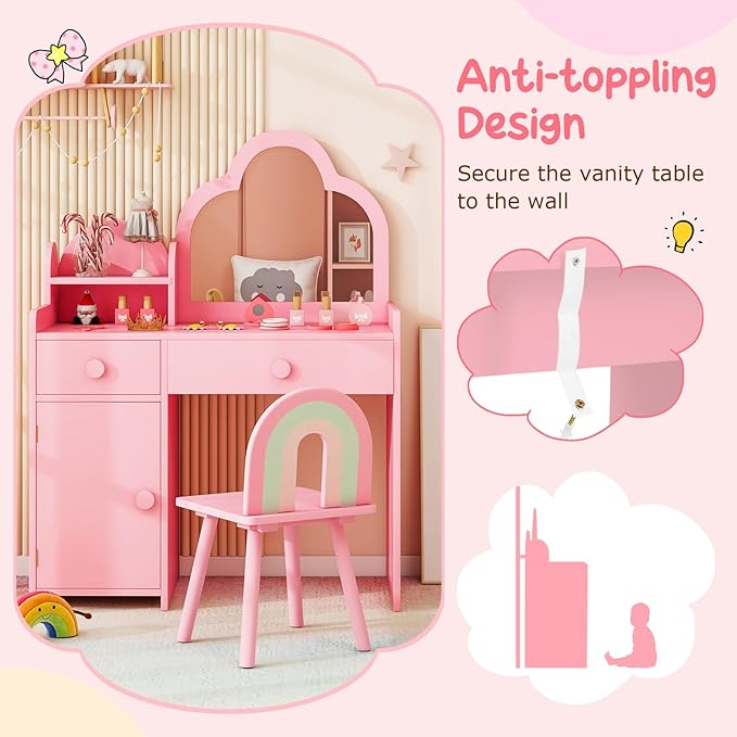 Costzon Kids Vanity, 2 in 1 Girls Vanity Set with Mirror, Drawers, Storage Shelf & Cabinet, Toddler Makeup Desk Dressing Table, Kids Vanity Table and Chair Set for Little Girls (Pink)
