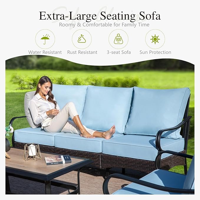 Sophia & William Patio Furniture Set with Fire Pit Table, 5 PCS Metal Outdoor Conversation Set with Fire Pit Table, 2 Sofa Chairs,1 Loveseat, 3-Seater Couch for Outdoor Seating, Backyard, Porch(Blue)