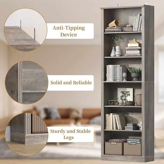 75" Tall Bookshelf & Bookcase Set of 2, 6-Tier Adjustable Storage Shelves, Book Shelf with Anti-Tipping Device, Floor Standing Modern Display Rack for Living Room, Bedroom, Office, Grey