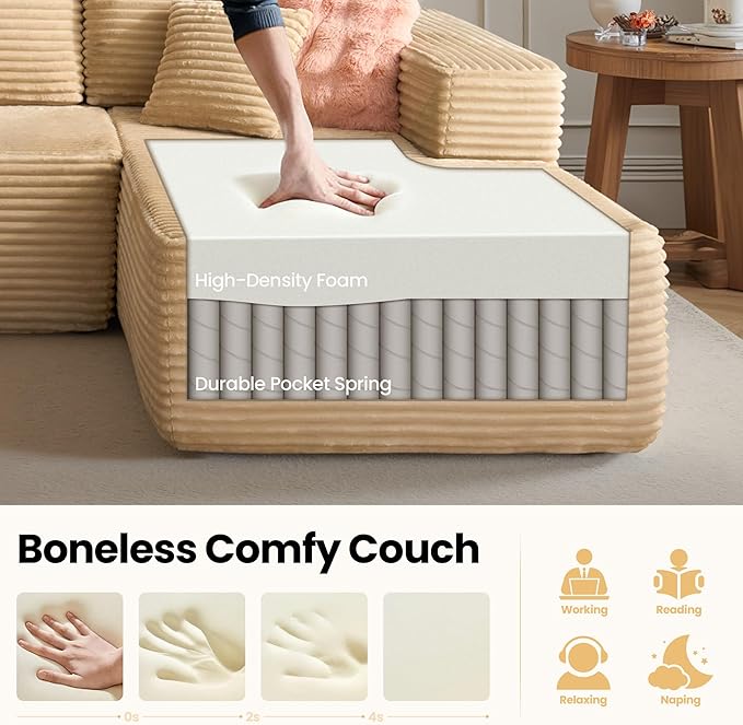 104" Cloud Sectional Couch with Chaise, Boneless L-Shaped Cloud Couch with Deep Seat, Soft Plush Modern Minimalist Sofa, Assembly Free Comfy Sofa for Office Living Room Apartment(Beige, Right Chaise)