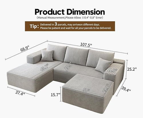 107.5" Cloud Sectional Couch with 1 Ottoman,Modern Modular Sofa with Deep Seat, Comfort U Shaped Sofa Couches for Living Room Bedroom Apartments,No Assembly Required, (Grey,Left Facing Chaise)