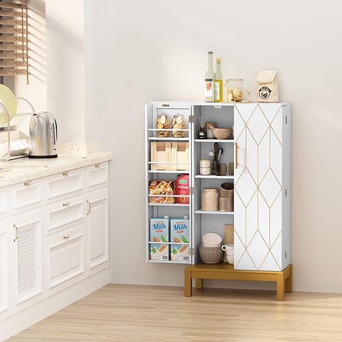 ARTPOWER 45'' Kitchen Pantry Cabinet, 4 - Layer Storage Cupboard with Adjustable Shelves for Storage Cabinet Pantry, Food Pantry Cabinet for Kitchen, Dining Room and Living Room,Gold Legs, White