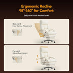 Reclining Office Chair with Footrest - 25.6" Wide Seat & Adjustable Seat Depth, Big and Tall High Back Leather Executive Home Office Desk Chair 400lbs, Cream
