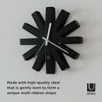Umbra Ribbon Modern 12-inch Wall Clock, Battery Operated Quartz Movement, Silent Non Ticking Wall Clocks, Black