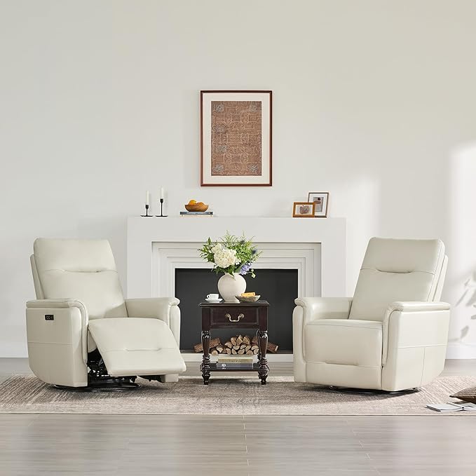 Watson & Whitely Genuine Leather Power Recliner Chairs W Power Headrest for Adults, Swivel Glider Recliner Chair W Charging Ports for Living Room, Light Grey
