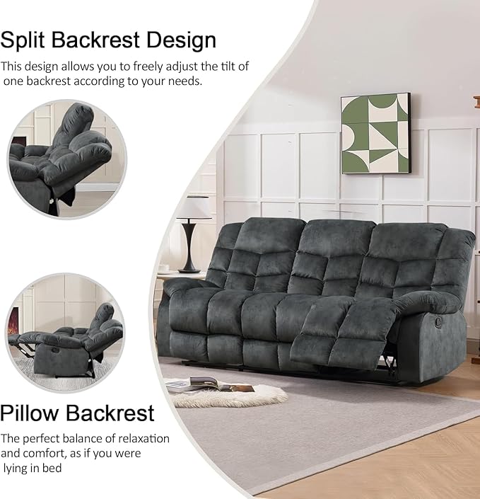 CANMOV Manual Reclining Sofa Set,2 Pieces Sofa Furniture Set for Living Room, Manual Recliner Sofa and Recliner Chair with Arms for Living Room, Bedroom, Grey(1+3)