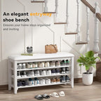 Shoe Rack Bench Entryway Storage with Leather Cushion, Shoe Organizer Bench for Entryway, Ideal for Front Doors Entrances Hallway Mudroom Featuring Rubberwood And 3 Height-Adjustable Removable Shelve