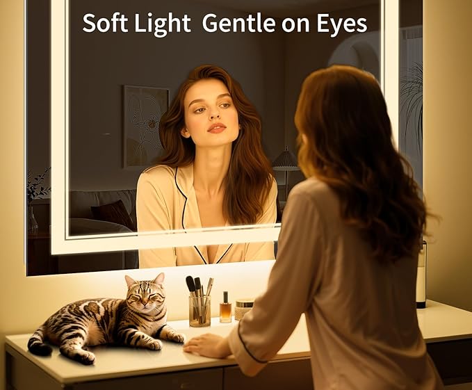 50"x30" LED Bathroom Mirror with Anti-Fog, Stepless Dimmable Lights, 3 Color Modes, Shatter-Proof Tempered Glass, Memory Function & Waterproof Design
