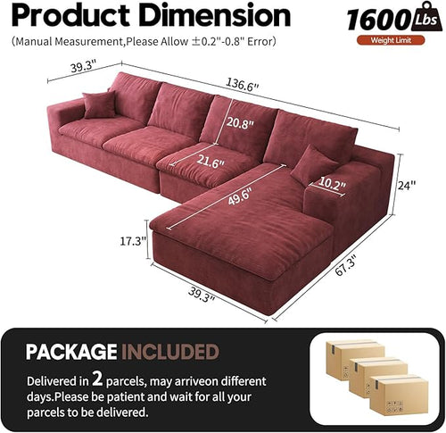136.6'' L-Shaped Modern Modular Sectional Cloud Couch, 4-Seat Chenille Deep-Seat Sofa with Pillow for Living Room, Bedroom, Apartment, Wine Red