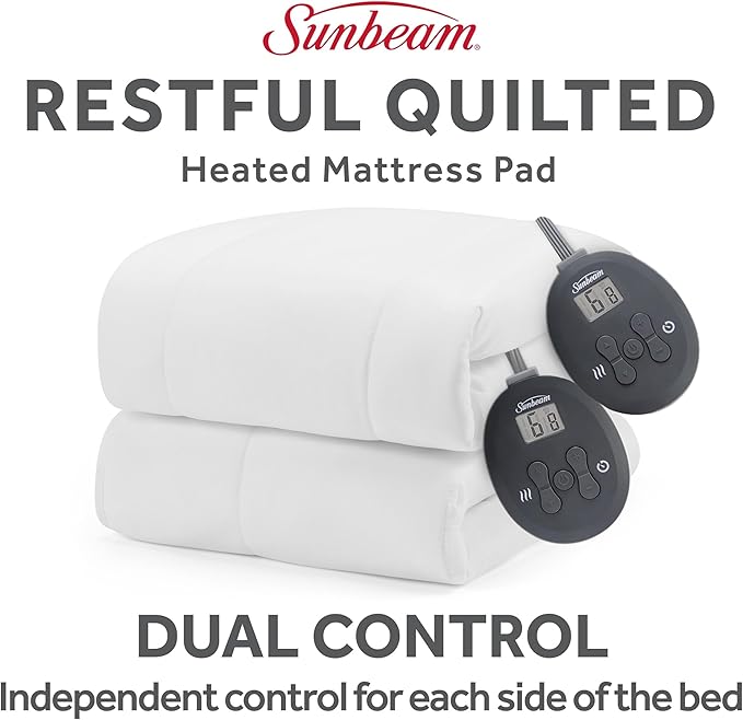Sunbeam Electric Heated Mattress Pad Restful Quilted Extra-Cozy Fabric 12 Heat Settings 12-Hour Auto Shut-Off Deep Pocket Fit Machine Washable King 80" x 76"
