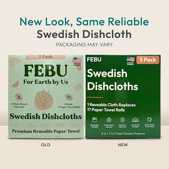 FEBU Swedish Dishcloths for Kitchen | 5 Pack Floral Reusable Paper Towels Washable | Swedish Dish Towels | Non-Scratch Cellulose Sponge Cloths | No Odor, Biodegradable Cleaning Cloths