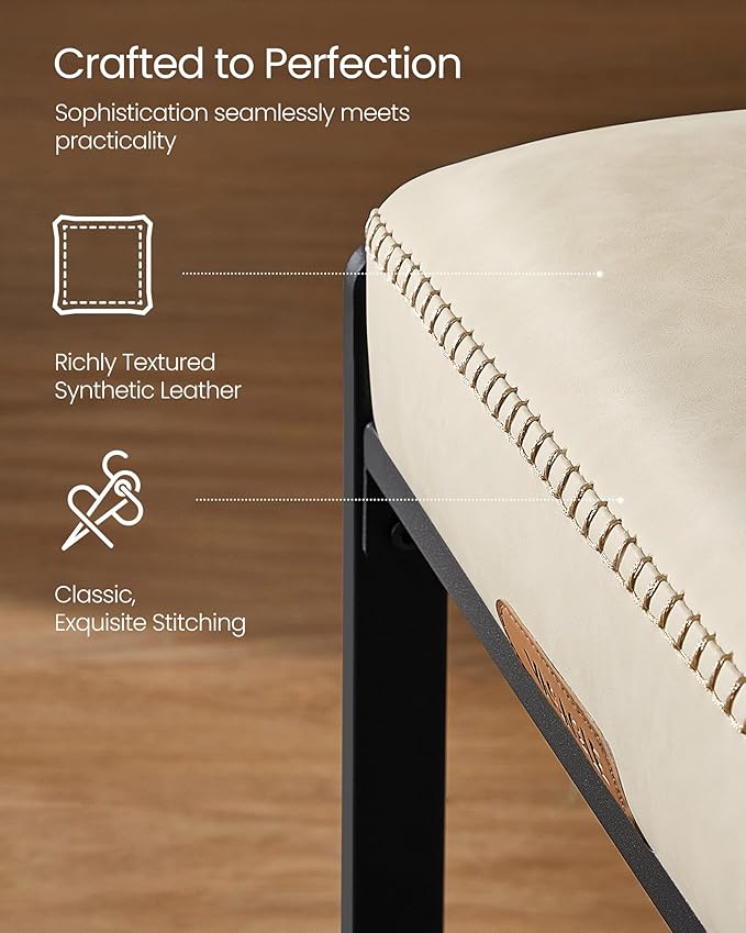 VASAGLE EKHO Collection - Bar Stools Set of 2, Counter Height Bar Stools, Synthetic Leather with Stitching, Mid-Century Modern Counter Stools, 26-Inch Tall, Kichen Home Bar Dining Room, Cream White