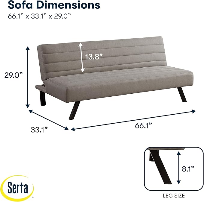 Serta® Damien 66.1" Convertible Futon Sofa, Dreamcoil® Comfort, FingerGuard® Pinch Point Protection, Woven Polyester Fabric, Taupe