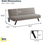 Serta® Damien 66.1" Convertible Futon Sofa, Dreamcoil® Comfort, FingerGuard® Pinch Point Protection, Woven Polyester Fabric, Taupe