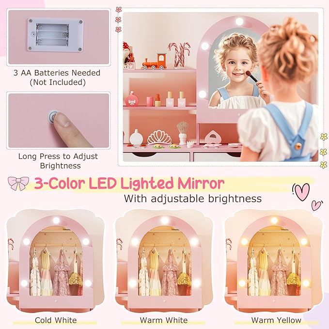 Costzon Kids Vanity with Lights, Girls Vanity Set with Mirror Cabinet, Storage Drawers, Hooks & Shelves, Toddler Makeup Vanity Desk Dressing Table, Wooden Kids Vanity Table and Chair Set (Pink)