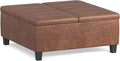 SIMPLIHOME Ellis 36 inch Wide Contemporary Square Coffee Table Storage Ottoman in Distressed Saddle Brown Vegan Faux Leather, Assembled, For the Living Room and Bedroom