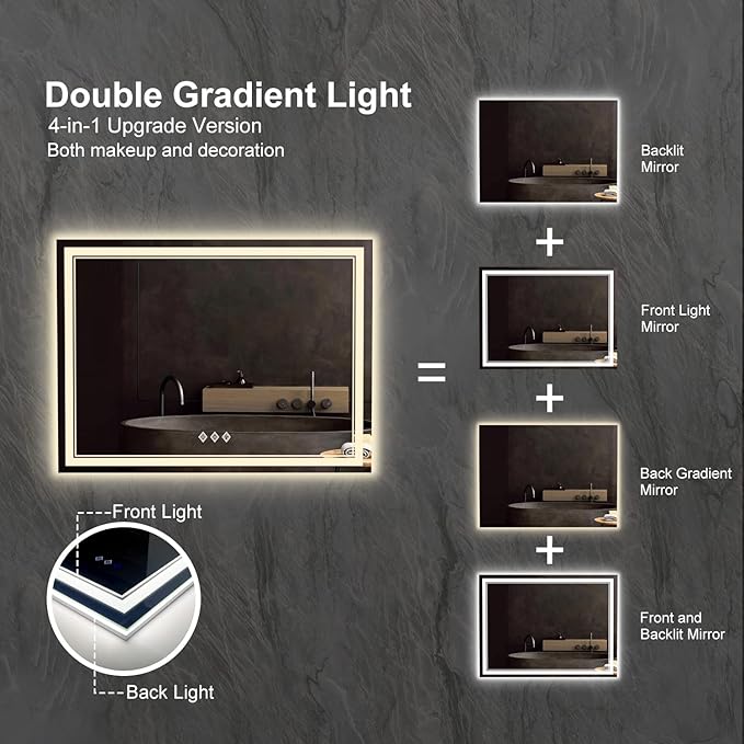 LED Mirror for Bathroom, 48x36 Inch Gradient Front and Backlit Bathroom Mirror, 3 Colors Dimmable CRI>90 Double Lights, IP54 Enhanced Anti-Fog, Hanging Plates Wall Mount LED Vanity Mirror