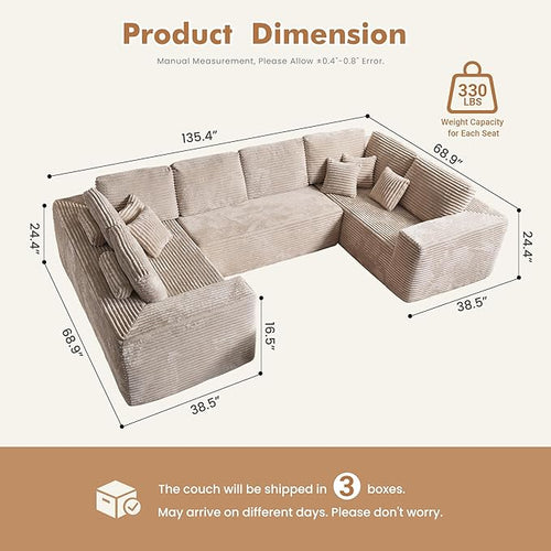 135.4'' U Shaped Sectional Couches for Living Room, Large Boneless Cloud Couch, Modern Modular Sofa Deep Seat Plush Corduroy, No Assembly Required,Plush Corduroy,Beige