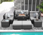NICESOUL 9 Piece Outdoor Patio Sofa Set with Fireplace Natural Gas/Propane, 29.3'' High Back Comfy Sectional, Oversized Deep Seating Wicker Conversation, XL Big Outside Furniture for Backyard, Gray
