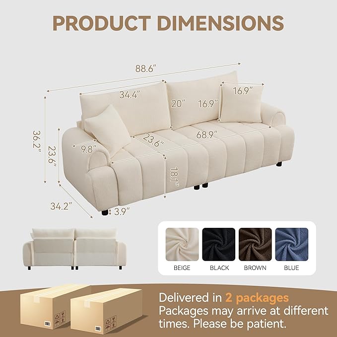88 "Modern Boucle Sofa Couch, Oversized Comfy 3 Seater Sherpa Curved Sofas Deep Seat, Upholstered Loveseat Teddy Round Arm Couches for Living Room, Bedroom, Beige