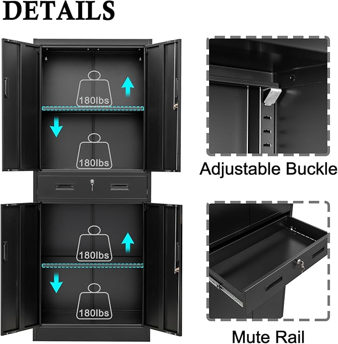 BESFUR Metal Cabinet, Garage Storage Cabinet with Drawer and Adjustable Shelves for Garage, Office, School - Black