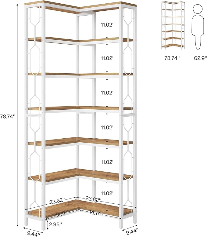Tribesigns Corner Shelf, 7-Tier Industrial Corner Bookshelf, Wood and Metal Corner Etagere Bookcase, Freestanding Display Shelf for Living Room, Kitchen, Home Office, White and Natural
