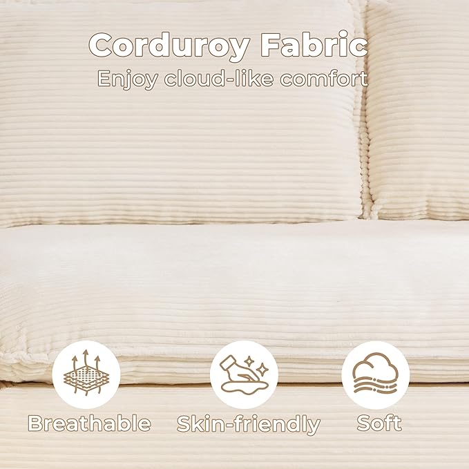 Modular Sectional Sofa, 107.5" L-Shaped Boneless Couch with Deep Seat, Modern Minimalist Upholstered Cloud Sectional Couch for Living Room Bedroom, No Assembly Required, Beige Corduroy
