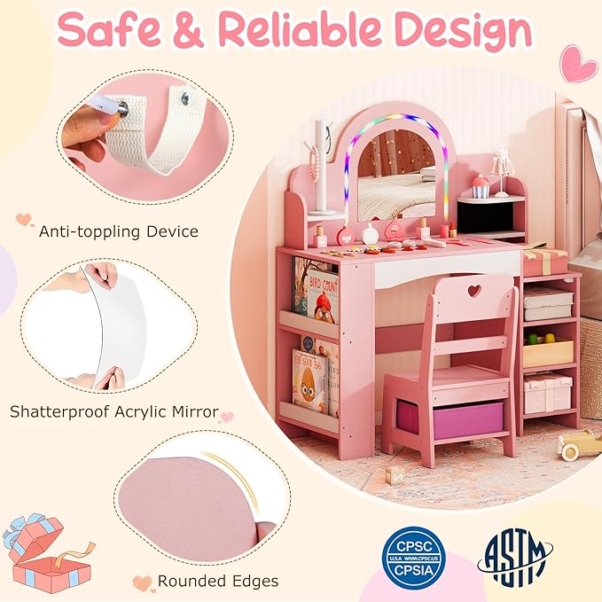 Costzon Kids Vanity, Girls Vanity Set with Lighted Mirror, Bookshelf, Jewelry Storage, Toddler Makeup Vanity Desk Dressing Table, Wooden Kids Vanity Table and Chair Set (Pink)