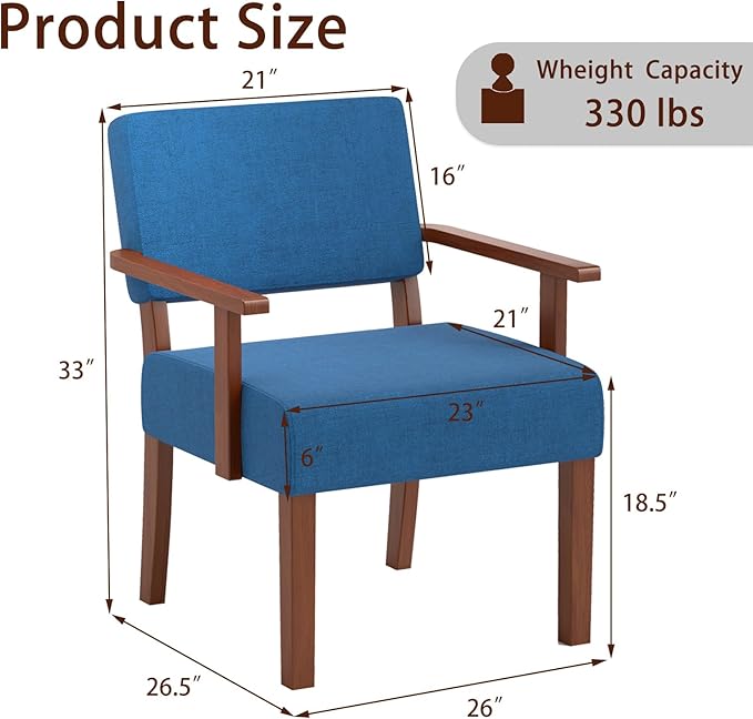 KOMFOTT Upholstered Accent Chair, Mid-Century Modern Armchair with Rubber Wood Frame, Linen Fabric Living Room Chair with Padded Seat & Backrest, Comfy Reading Chair for Bedroom, Waiting Room, Blue
