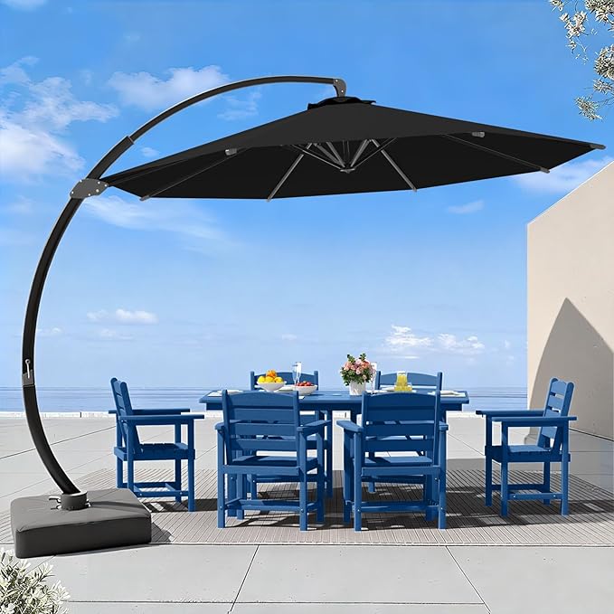 7 Piece Patio Dining Set with 11ft Patio Umbrella (Black), 7 Navy Outdoor HDPE Dining Set with 6 Chairs + 1 Large Table with 2" Umbrella Hole, for Market, Pool, Garden, Backyard, Deck