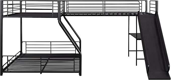 L-Shaped Twin Over Full Bunk Bed with Twin Size Loft Bed Frame Have Desk/Slide/Integrated Ladder/Full-Length Guardrails/Metal Slats Support/Easy to Assemble,for Adult Boy Girl,Black