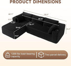 106" Cloud Couch Corduroy Modular Sectional Sofa L-Shape Boneless Couch with Wide Armrests and Cup Holders for Living Room Bedroom, No Assembly Required (Black)