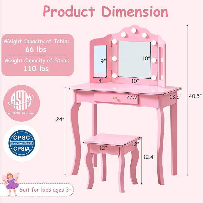 Kids Vanity Set, Kids Vanity Table and Chair Set with Stool and Light, 2 in 1 Wooden Kids Make Up Vanity Desk, Princess Makeup Table with Drawer for Girls