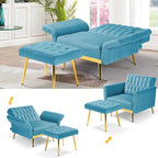 Velvet Accent Chair with Adjustable Armrests and Backrest, Button Tufted Lounge Chair, Single Recliner Armchair with Ottoman and Pillow for Living Room, Bedroom, Baby Blue