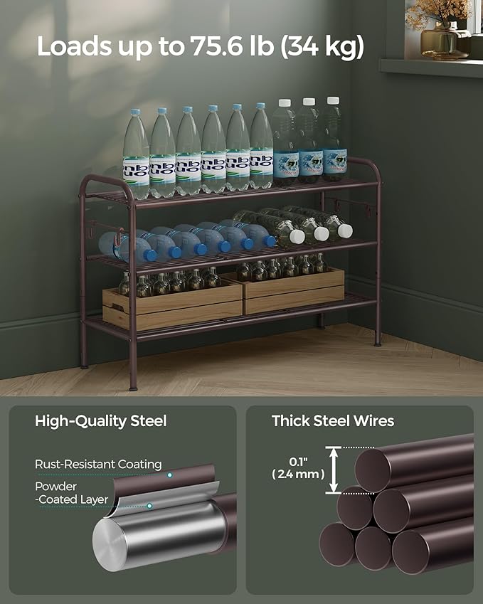 SONGMICS Shoe Rack, 3-Tier Shoe Organizer, Metal Shoe Shelf Storage with 4 Side Hooks, Holds 15 Pairs of Shoes, Height-Adjustable Shoe Rack for Entryway, Hallway, Closet, Easy Assembly, Chestnut Brown