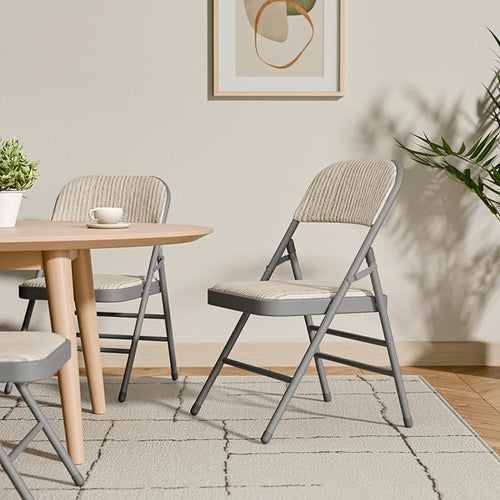 12 Pack Folding Chairs Fabric Dining Chair Set with Padded Cushion and Back, Indoor Outdoor Foldable Seat with Steel Frame for Home Office Events Wedding Party, Oatmeal Strip Seating