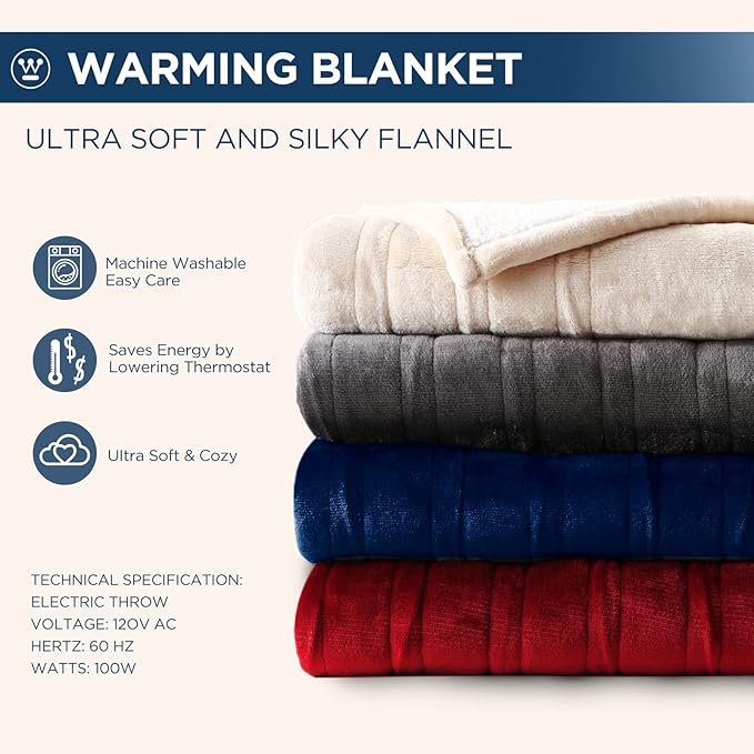 Westinghouse Heated Throw Blanket, Electric Blanket Throw with 6 Heating Levels and 2-10 Hours Time Settings, Flannel to Sherpa Super Cozy Heated Blanket Machine Washable, 50x60 inch, Red